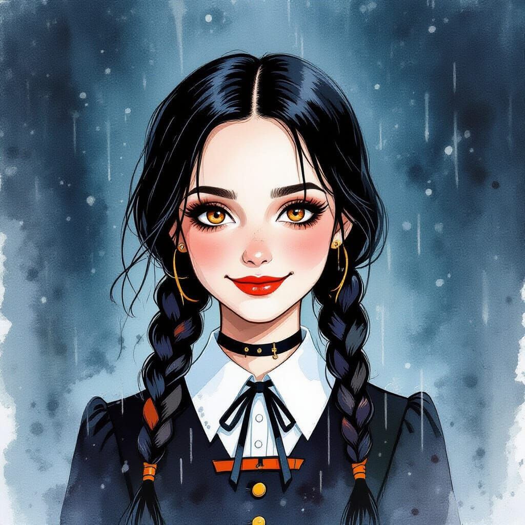 Wednesday Addams in Watercolor Alcohol Ink Style