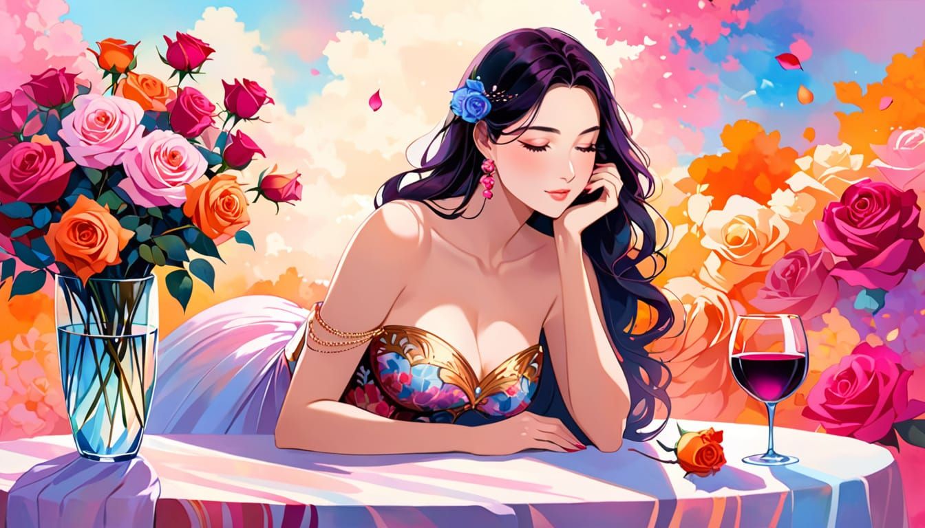 Romantic Portrait of Woman with Roses and Wine