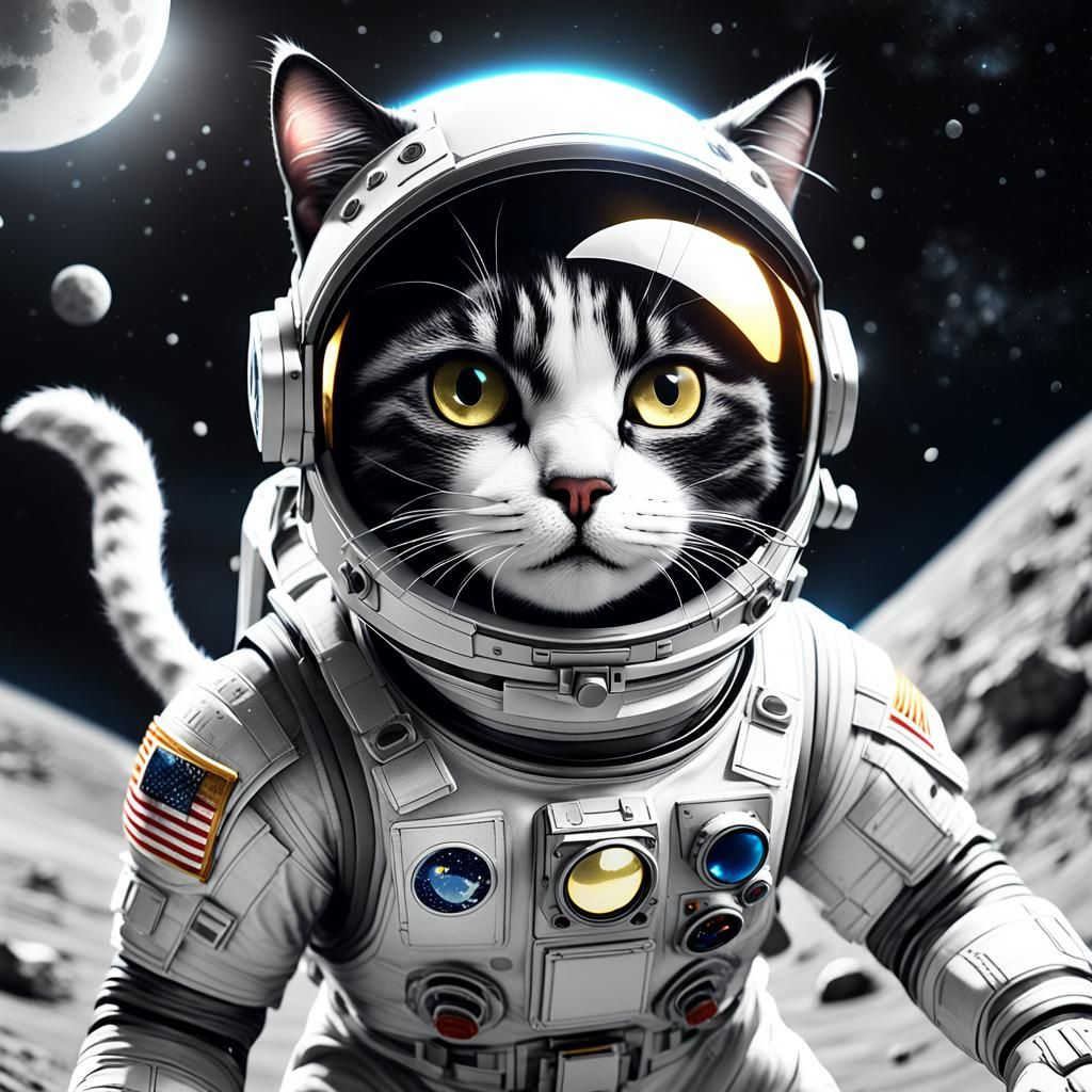 Astronaut Cat Leaps on the Moon in 3D Anime Art