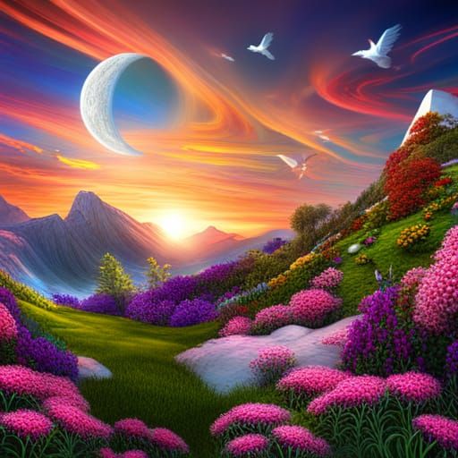 Blooming Garden Under Moonlit Sky: 3D Render