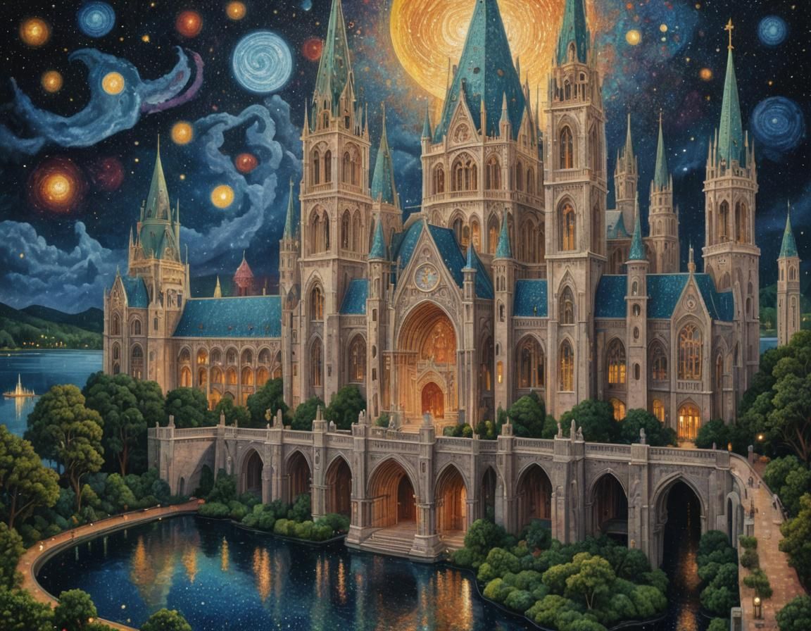 Neo-Pointillist Cathedral Palace in Double Exposure Style