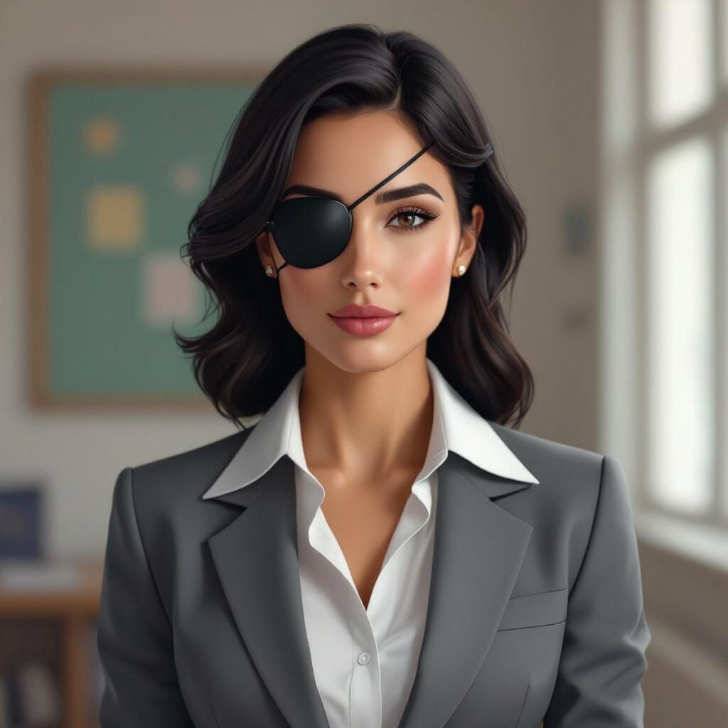 Elegant Teacher with Eye Patch in Digital Art Style