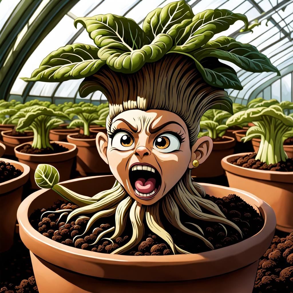 Screaming Mandrake Root Cartoon in Greenhouse