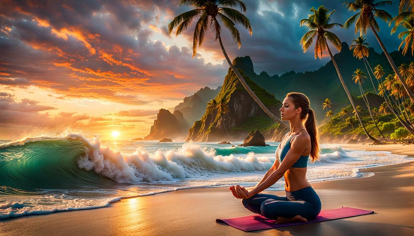 Yoga on Tropical Beach at Sunset: Digital Matte Painting