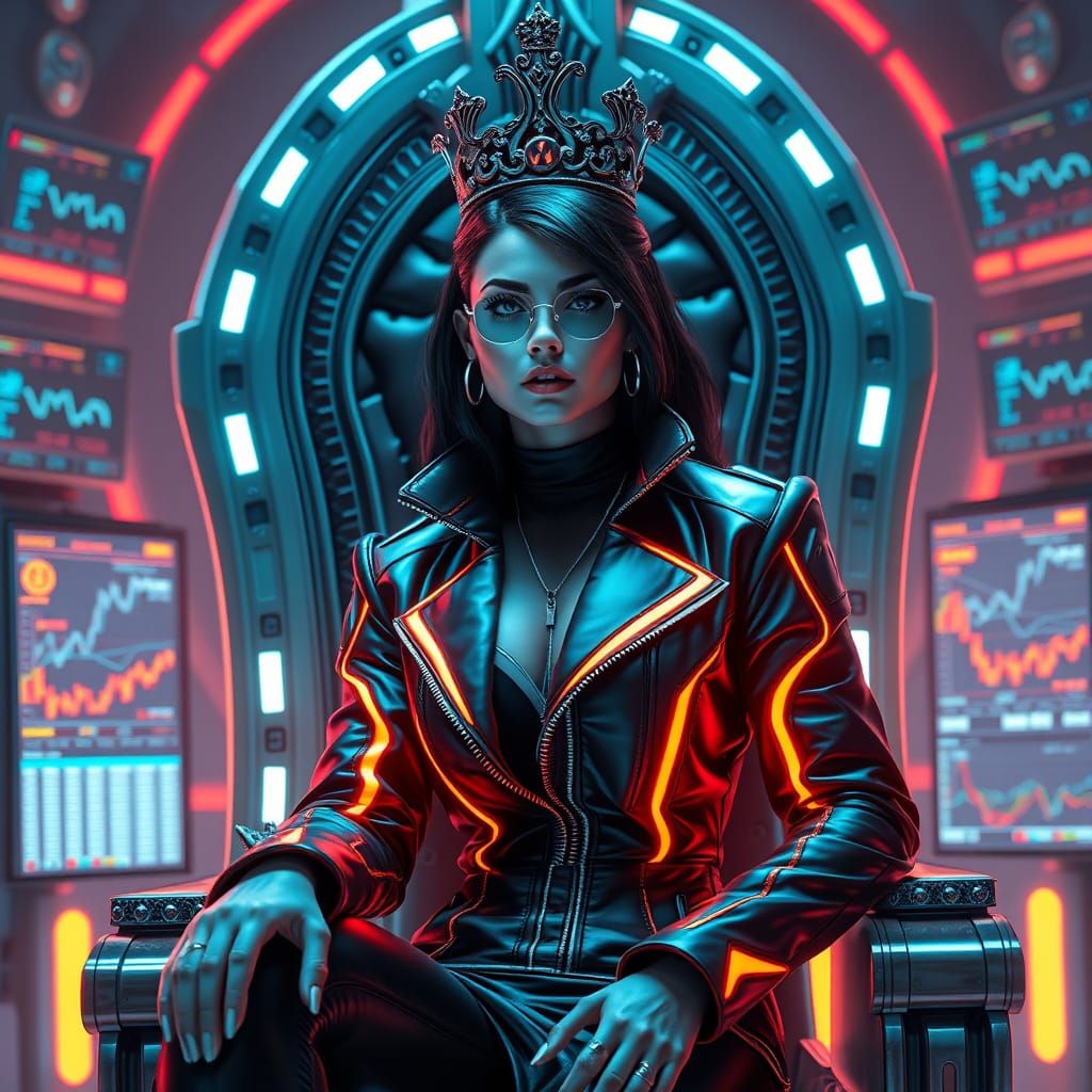 Cyberpunk Queen Surrounded by Crypto Displays