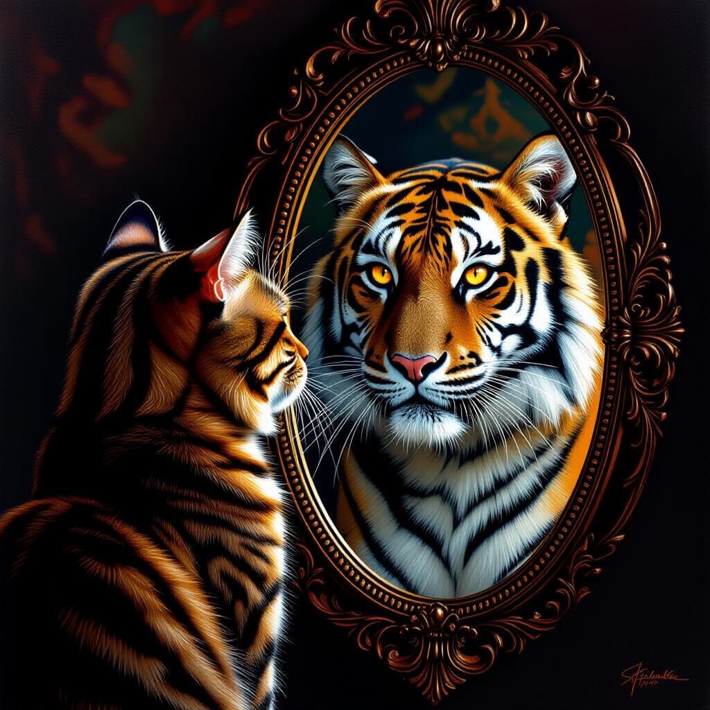 Tabby Cat's Tiger Reflection in Ornate Mirror