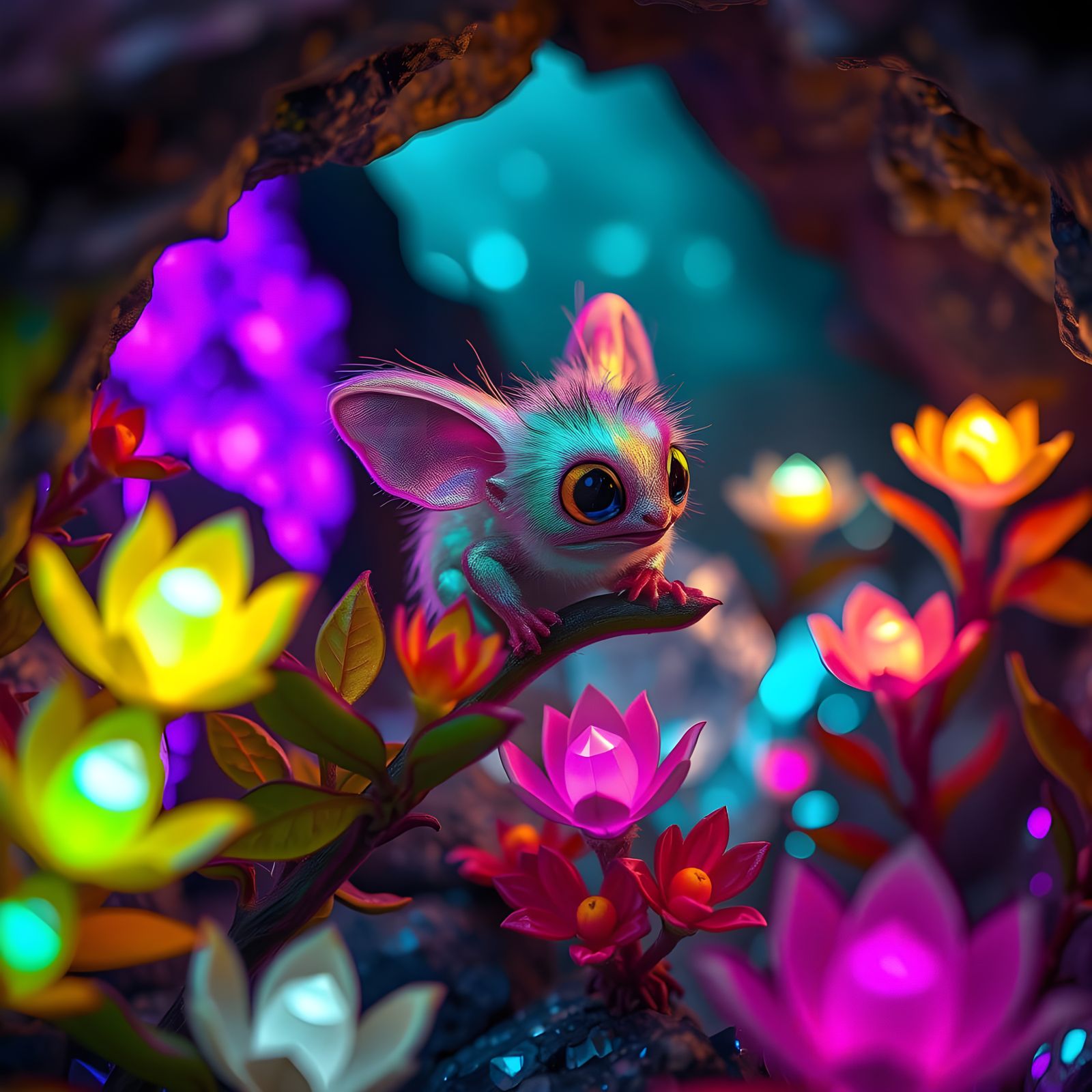 Ethereal Rainbow Creature Amidst Alien Flora