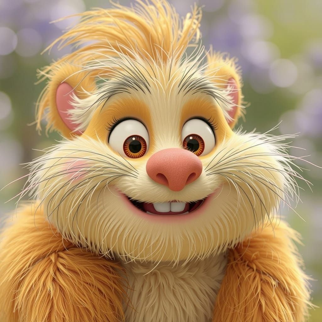 Closeup detailed CGI portrait of an adorable happy critter, soft fur, big eyes, sunny day