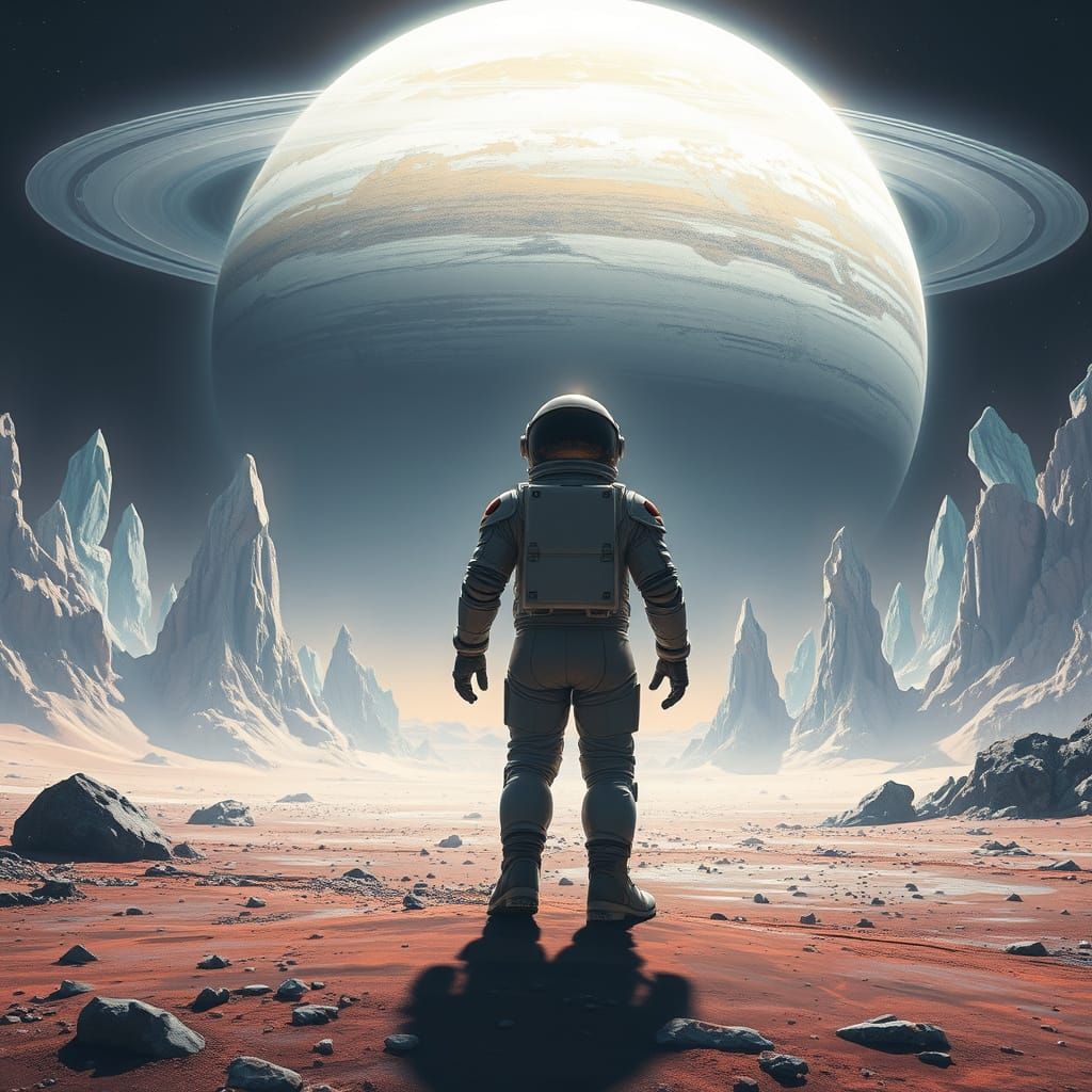 Astronaut on Alien Planet Gazing at Gas Giant