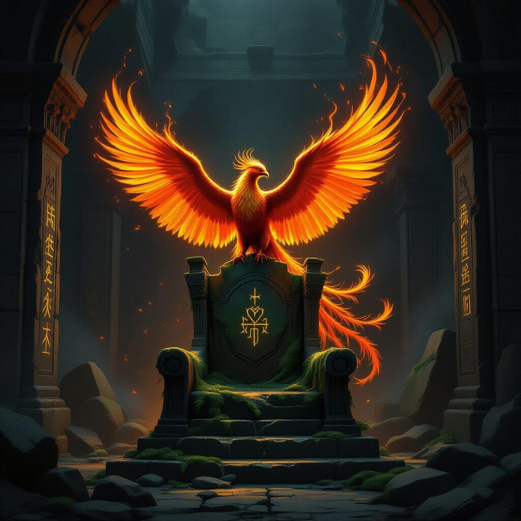 Majestic Phoenix on Throne in Forgotten Temple