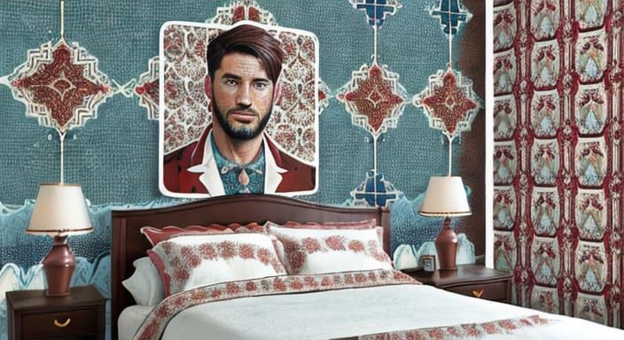 Sultry Portrait of a Male Nurse in a Vibrant Bedroom