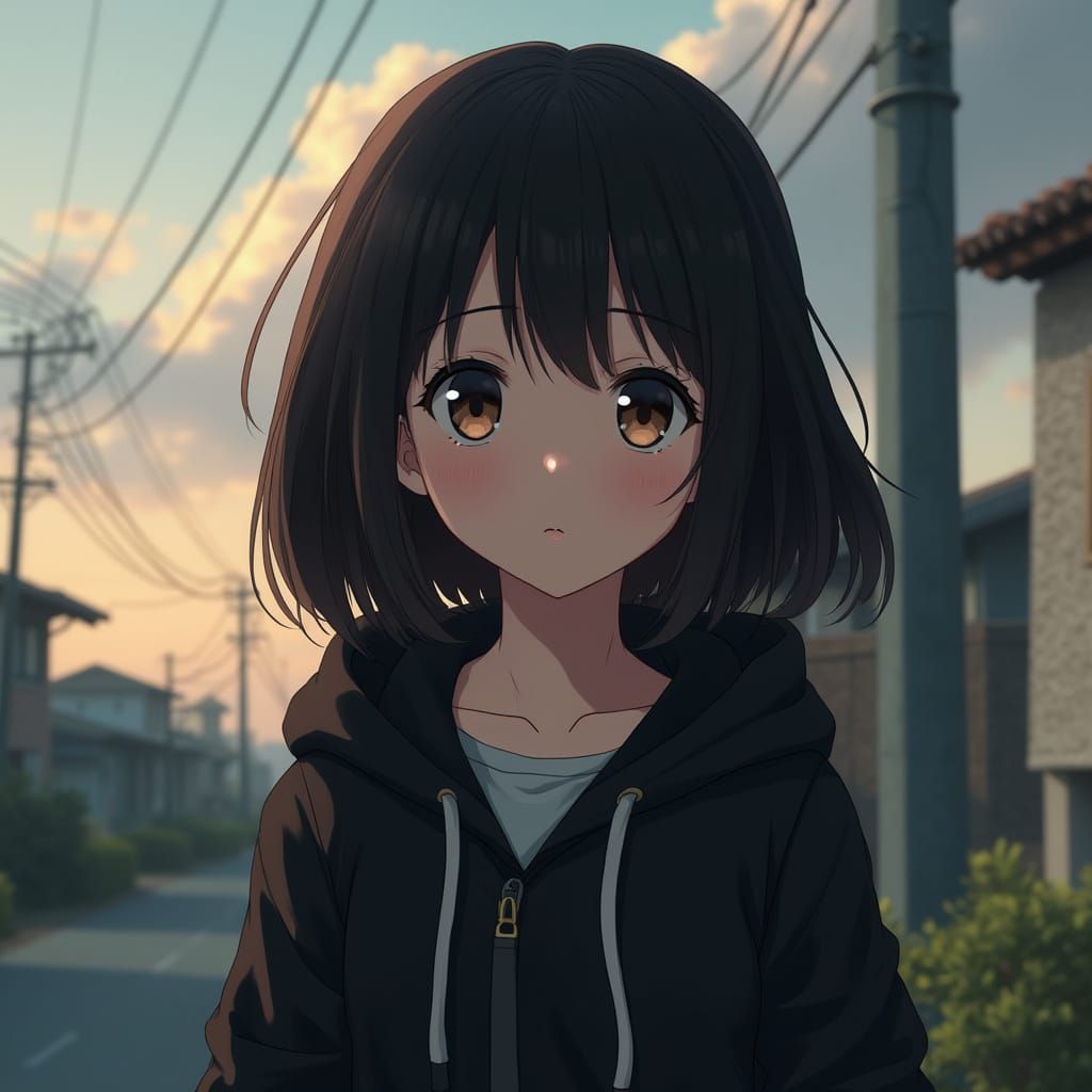 Anime-Inspired Girl in Black Hoodie, Serene Atmosphere