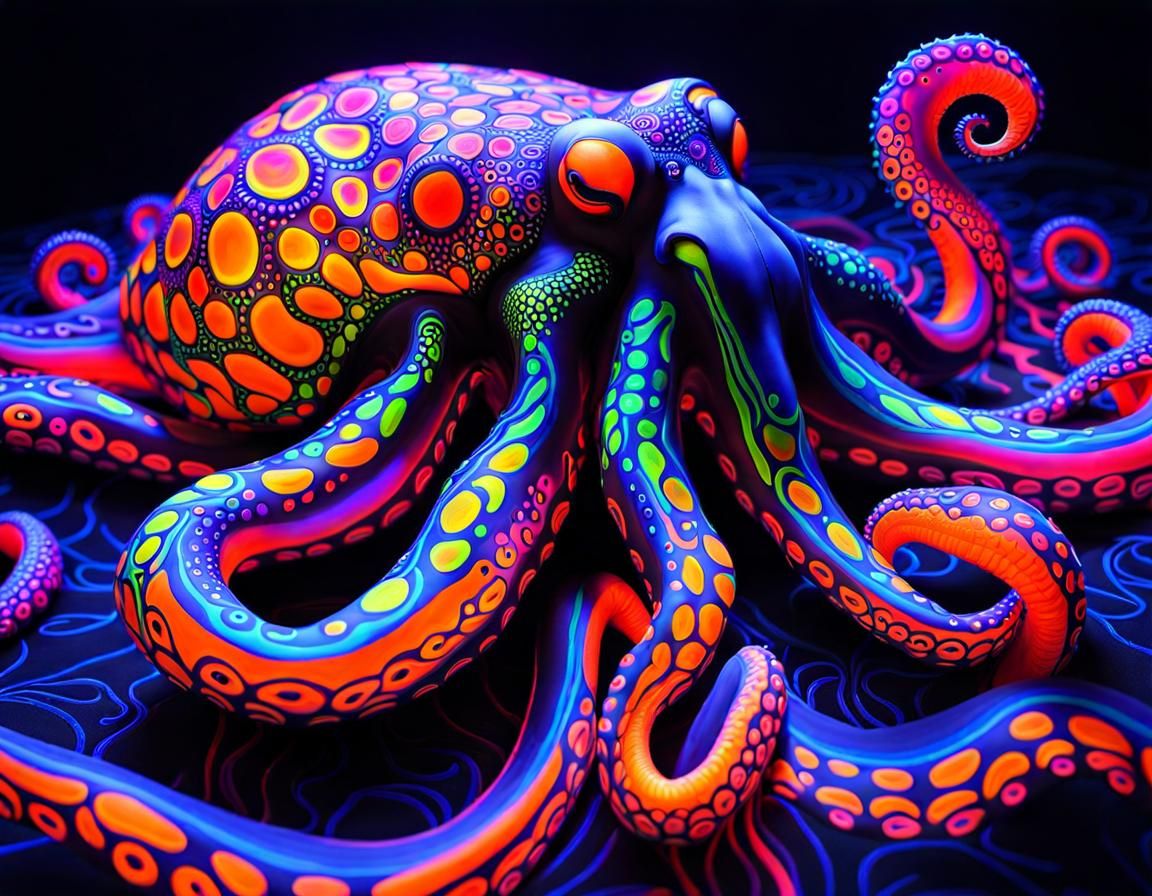 Neon Octopus with UV Tattoos, Psychedelic Concept Art