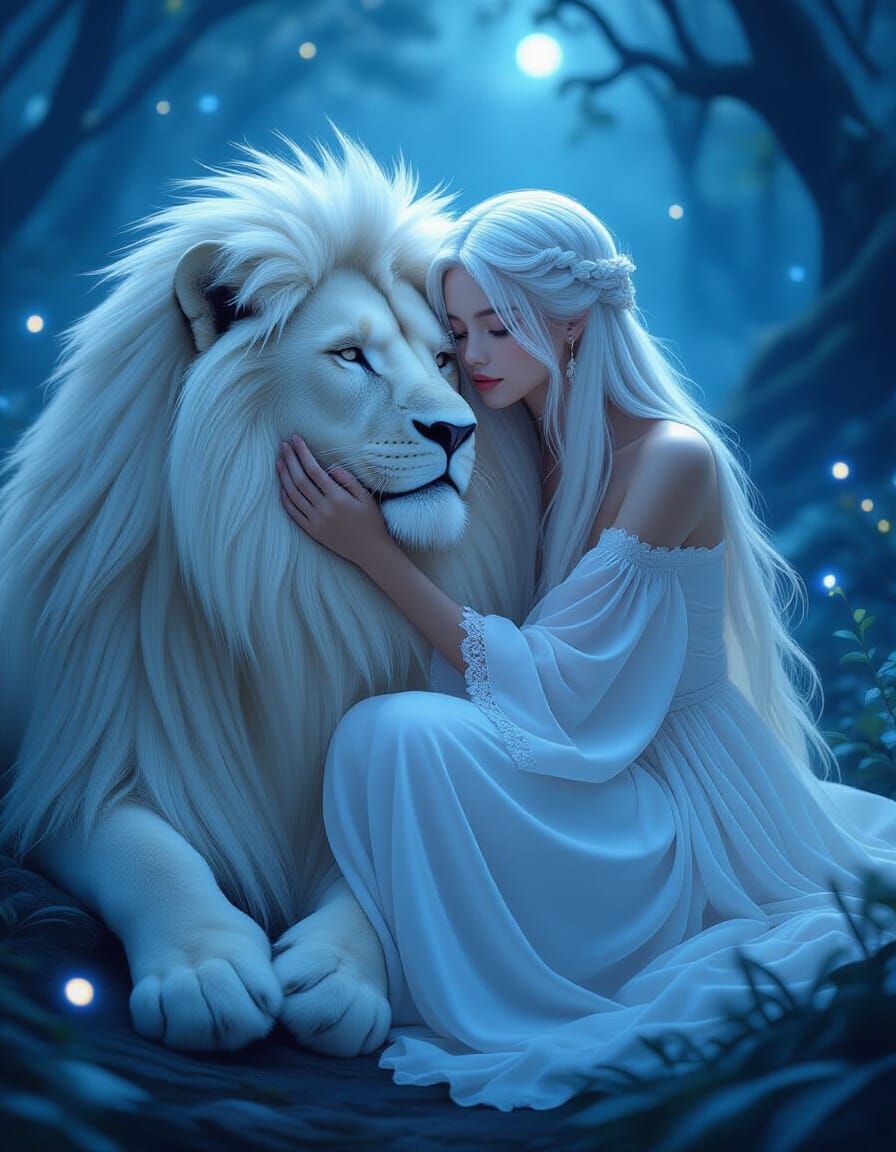 Fantasy Forest Scene: Woman and White Lion in Moonlight