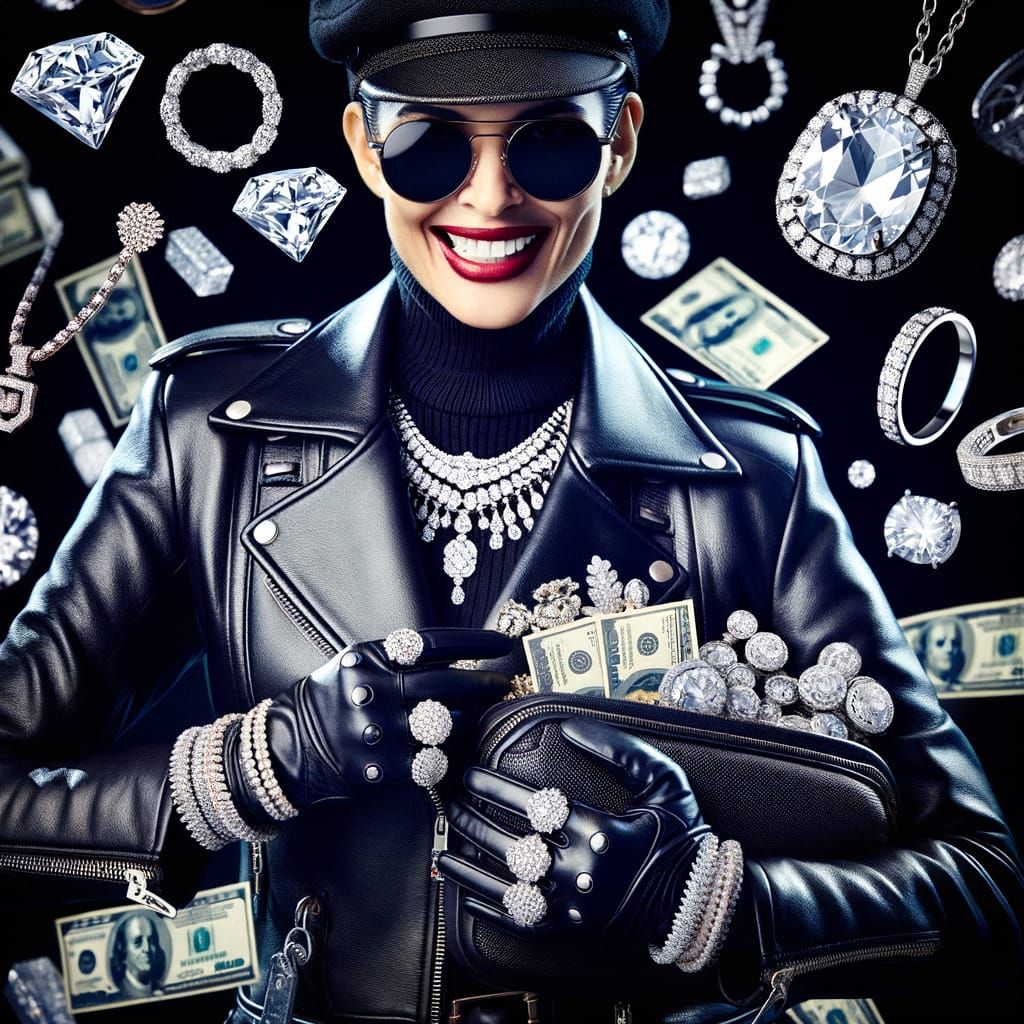 Biker Woman Stealing Diamonds in Leather Outfit