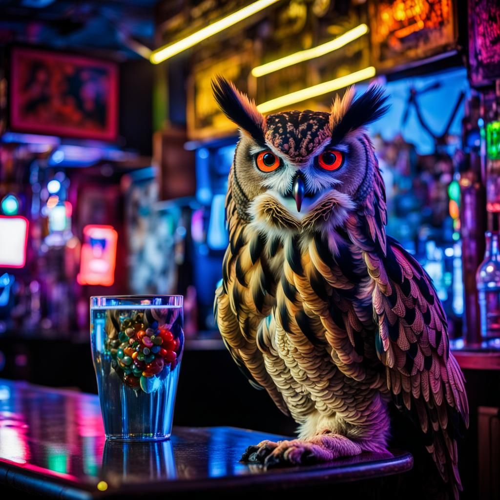 Cyberpunk Owl Assassin in Neon City Dive Bar