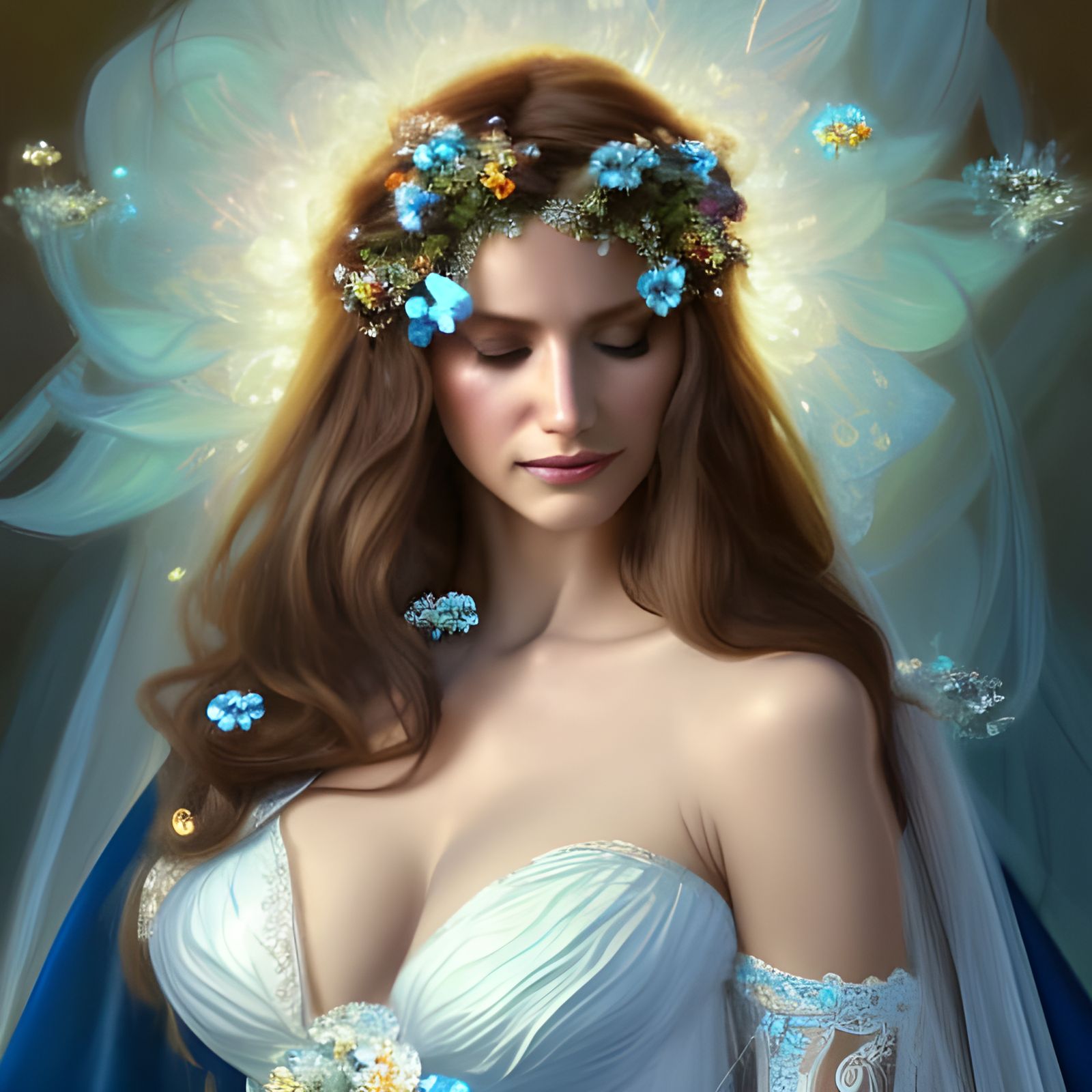 Radiant Bride in Intricate Blue Dress, Digital Art