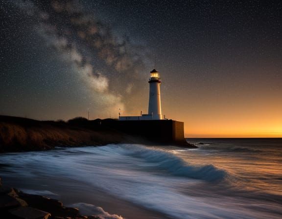 The lighthouse on Montauk point, long Island new york. Late evening golden hour, with the stars behinng to shine in the ...
