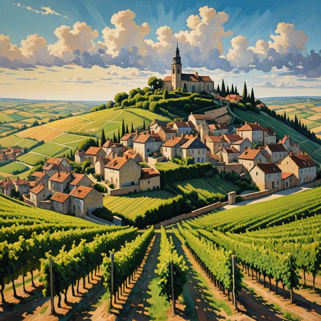 Surreal Sancerre Village Scene in Distorted, Vibrant Colors