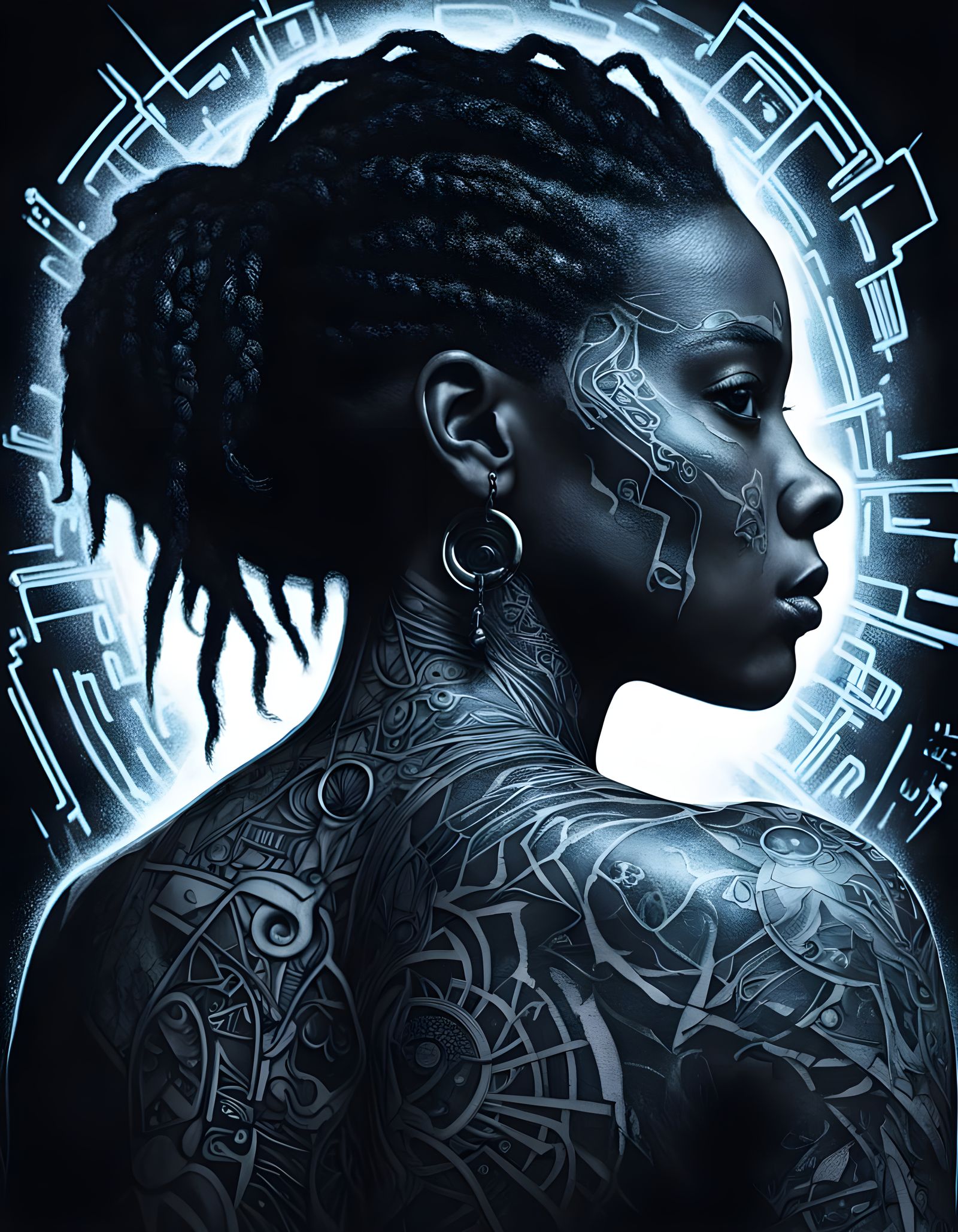 Cyberpunk Woman with Intricate Tattoo in Silhouette