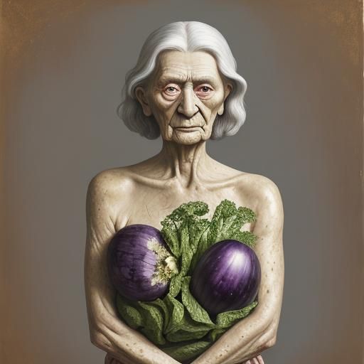 Elderly Woman with Eggplants in Surrealist Style