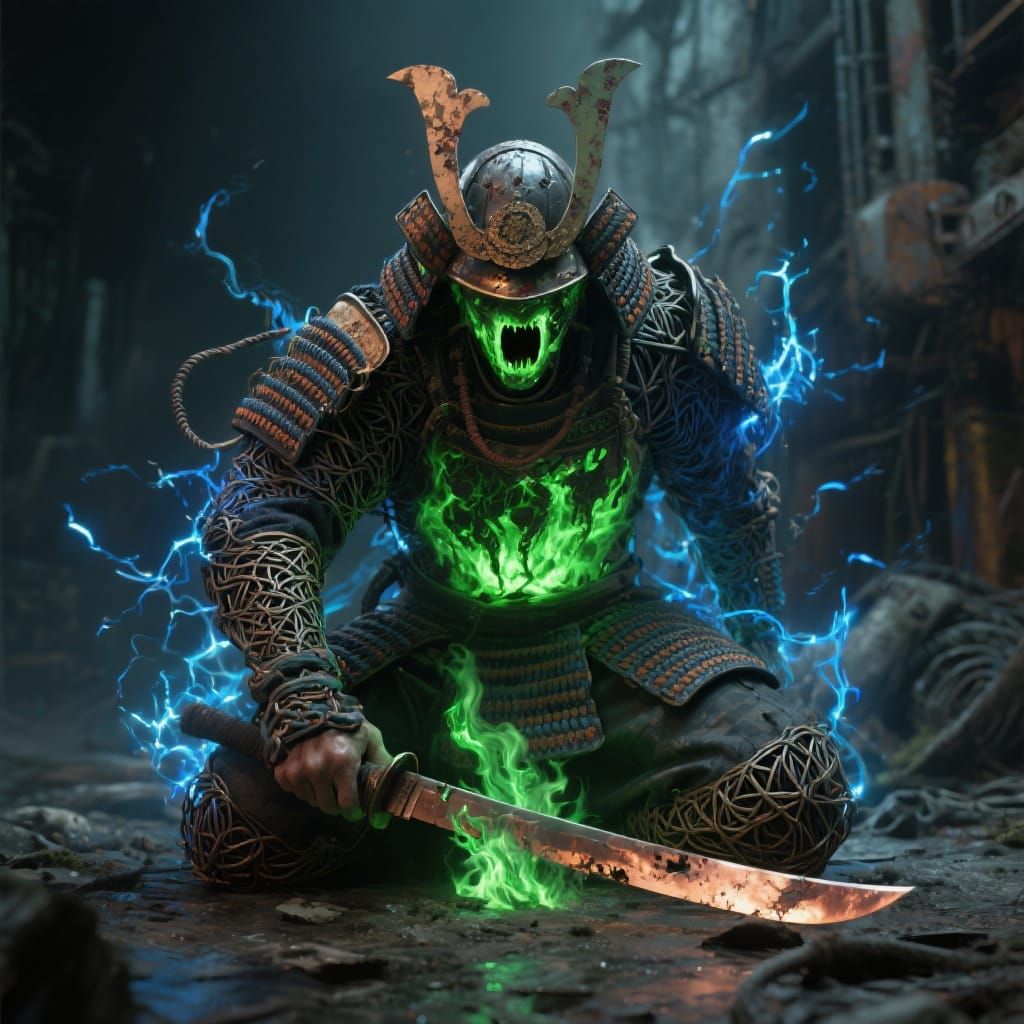 Wire Samurai Seppuku with Toxic Flames in Hyper-Realistic St...