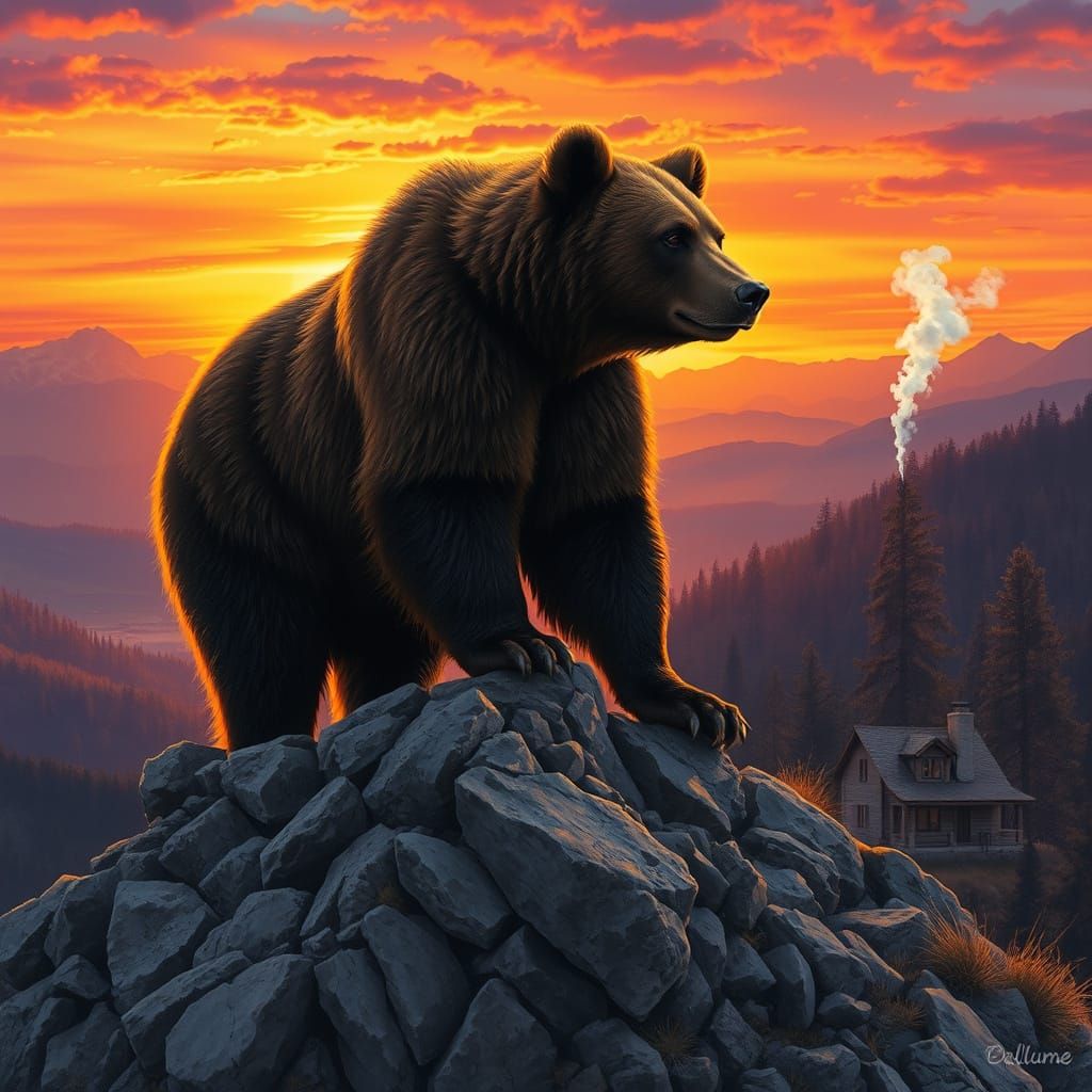 Majestic Grizzly Bear at Sunset on Rocky Ridge