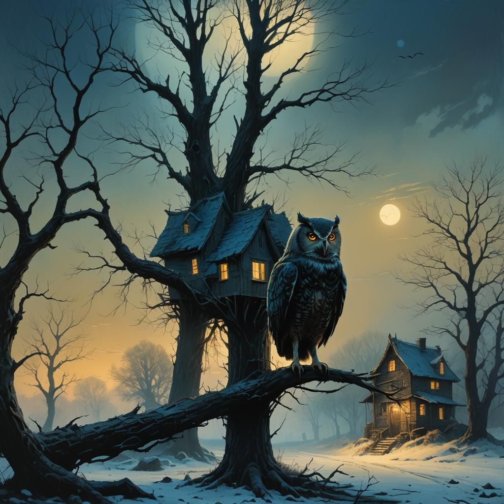 Owl and Dog in Dark Fantasy Landscape