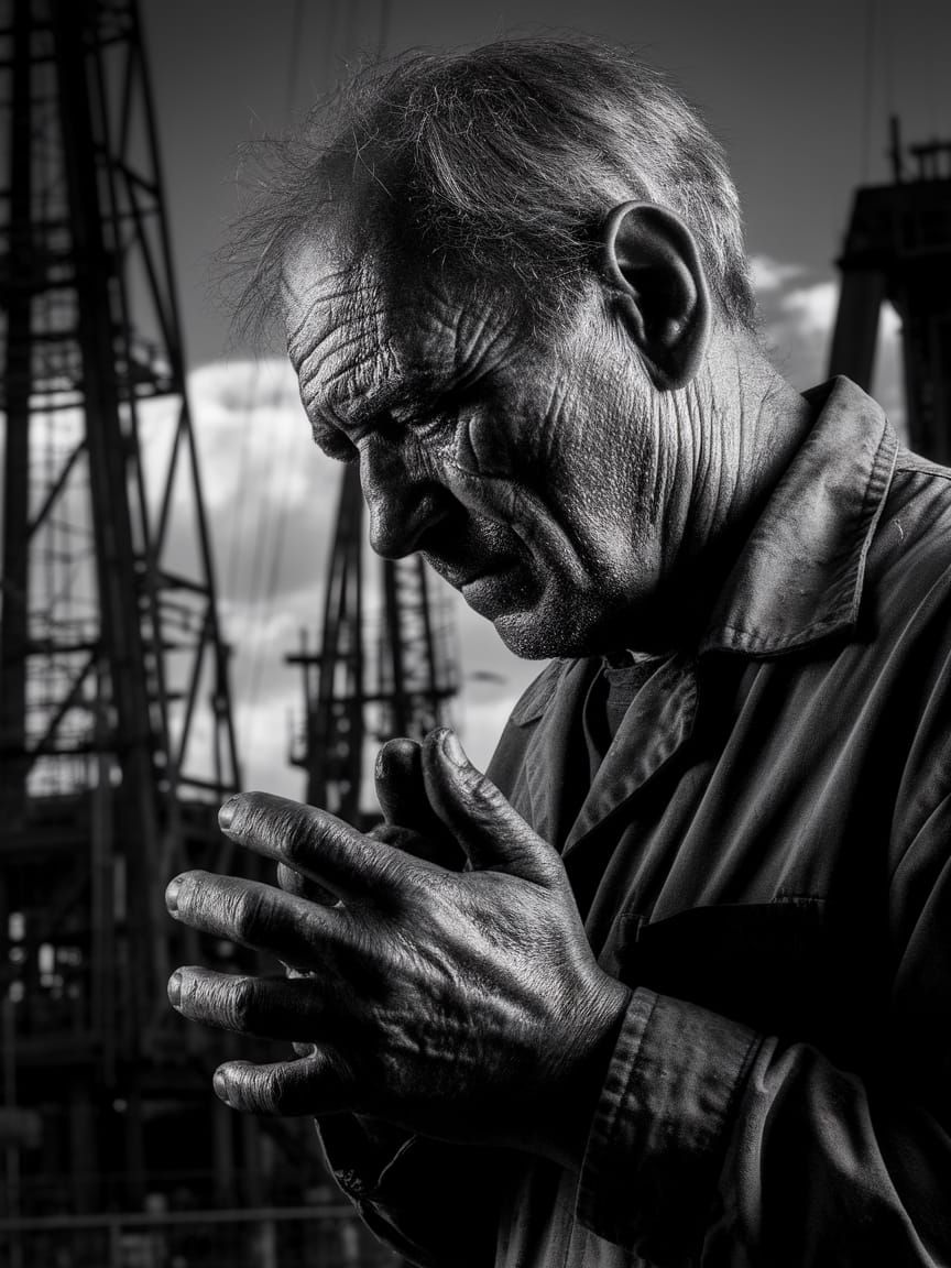 Weary Oil Rig Worker in High-Contrast Black and White