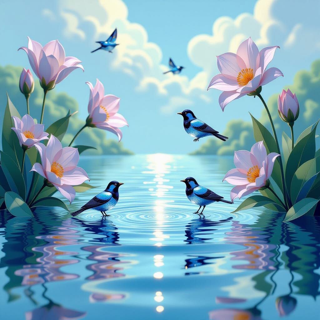 Crystal Flowers on Silver Lake with Glassy Birds