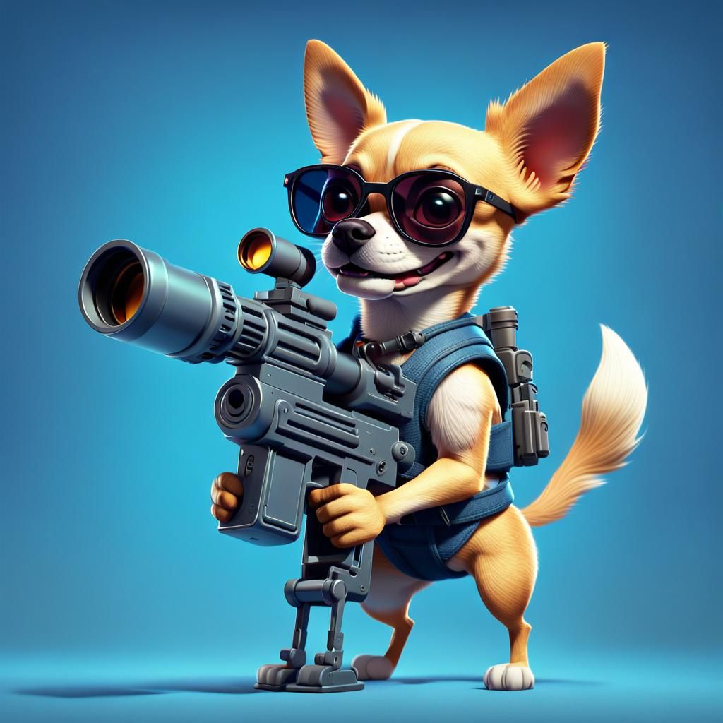 Cartoon Chihuahua with Machine Gun, Pixar Style