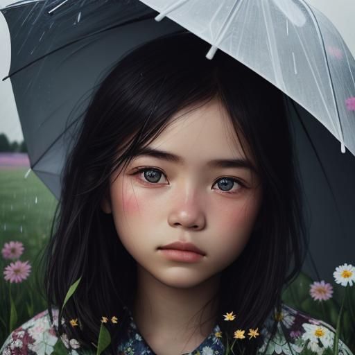 Child with Umbrella in Rainy Flower Field Portrait