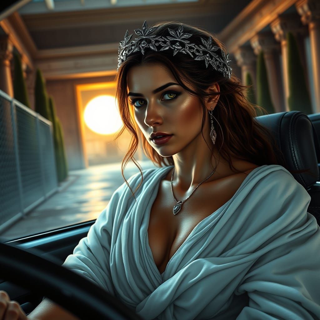 Roman Goddess in Ancient Temple with Light Leak