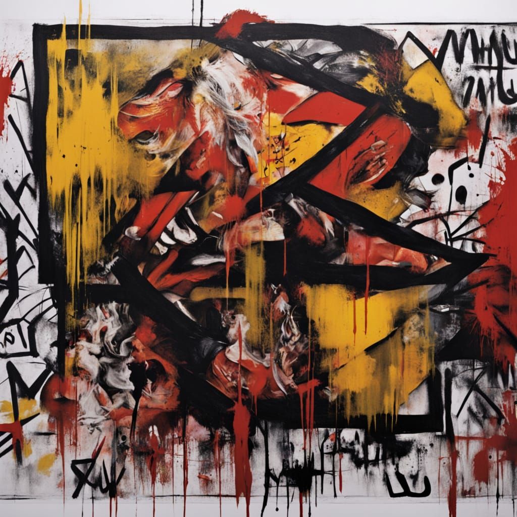 Boy and Dog in Urban Landscape, Basquiat-Inspired Art