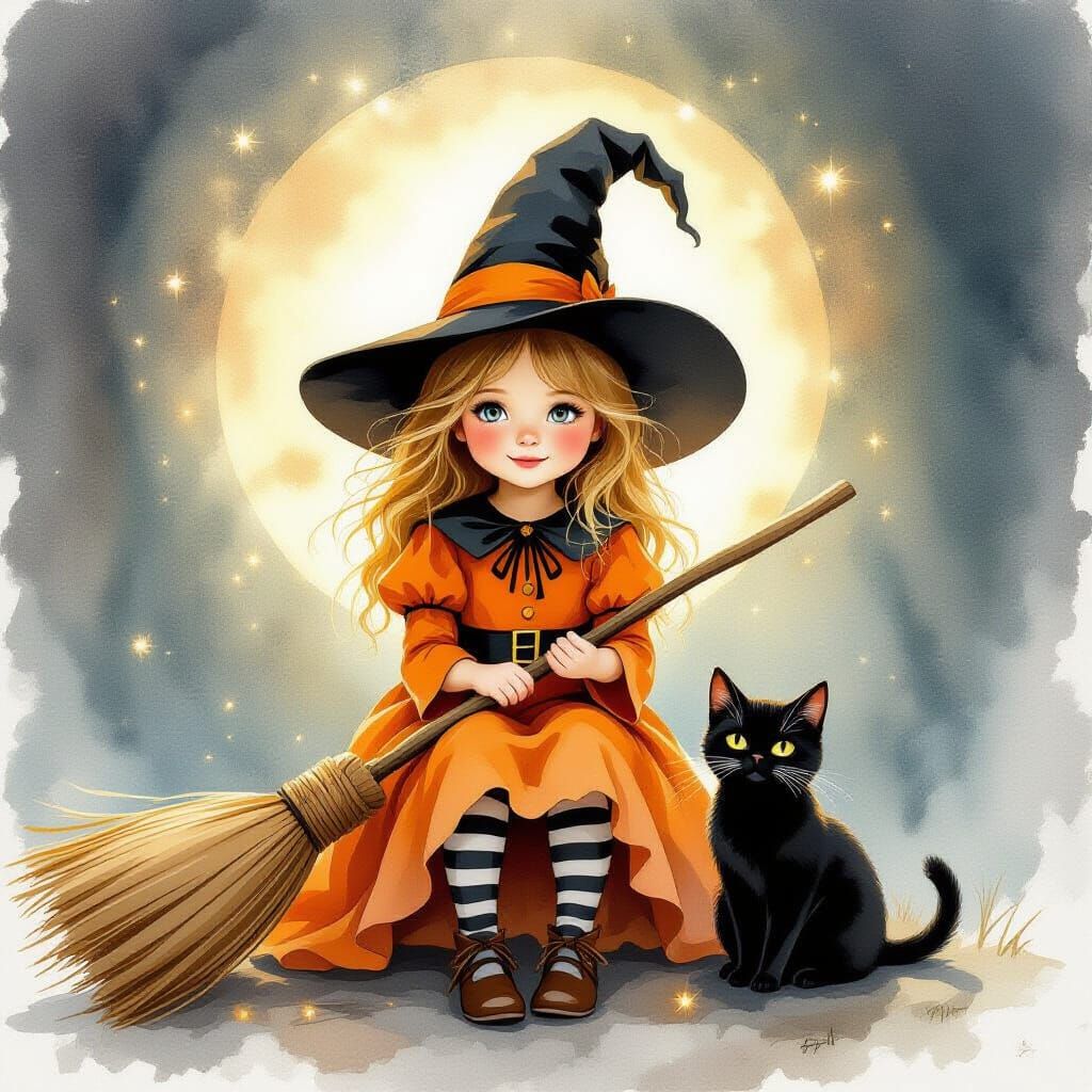 Little Witch with Broom and Cat in Watercolor