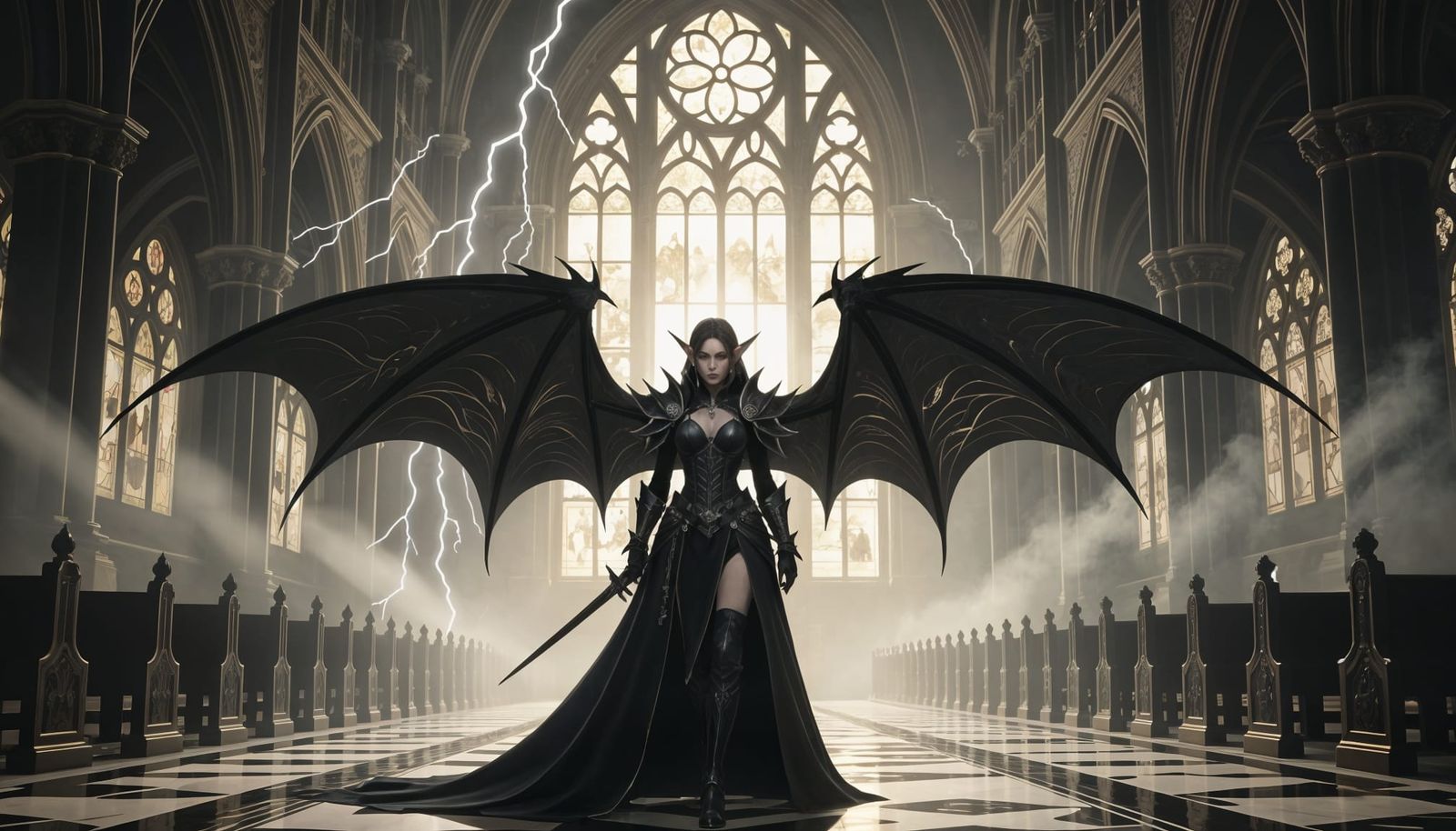 Punk Elf with Dragon Wings in Gothic Cathedral