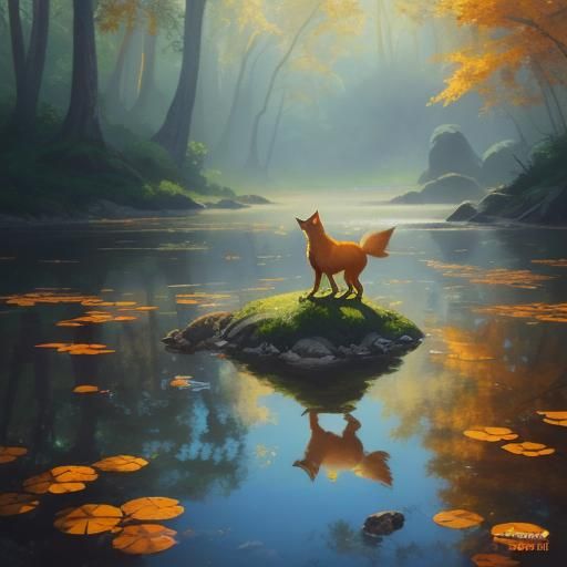 Fox and Baby in Autumn Lake: Gouache Watercolor