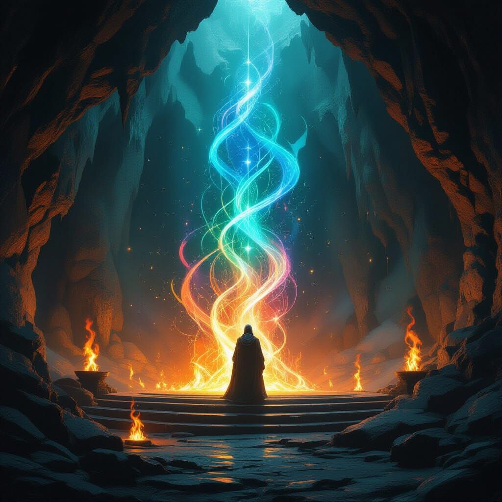Mystical Cave Platform with Glowing Runes in Ethereal Style