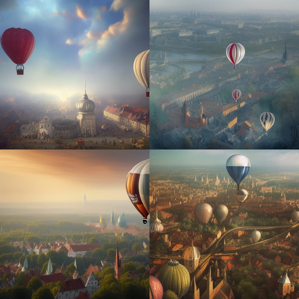 Watermelon Balloon Flight Over City, Digital Art