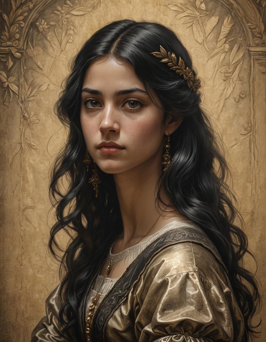 Renaissance Girl Portrait in Charcoal Drawing Style