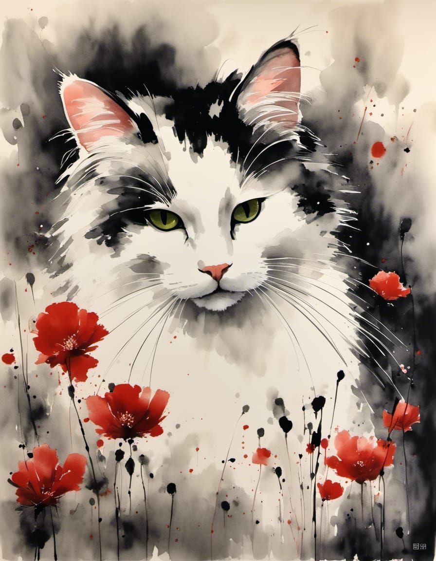 Minimalist Sumi-e Ink Painting of Long-Haired Cat