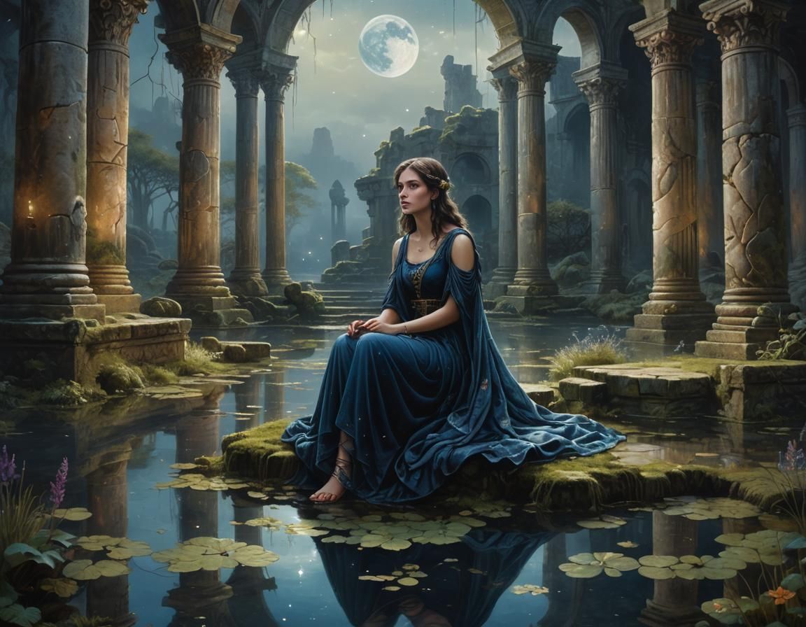 Roman Girl by Magical Pond: Dark Fantasy Oil Painting
