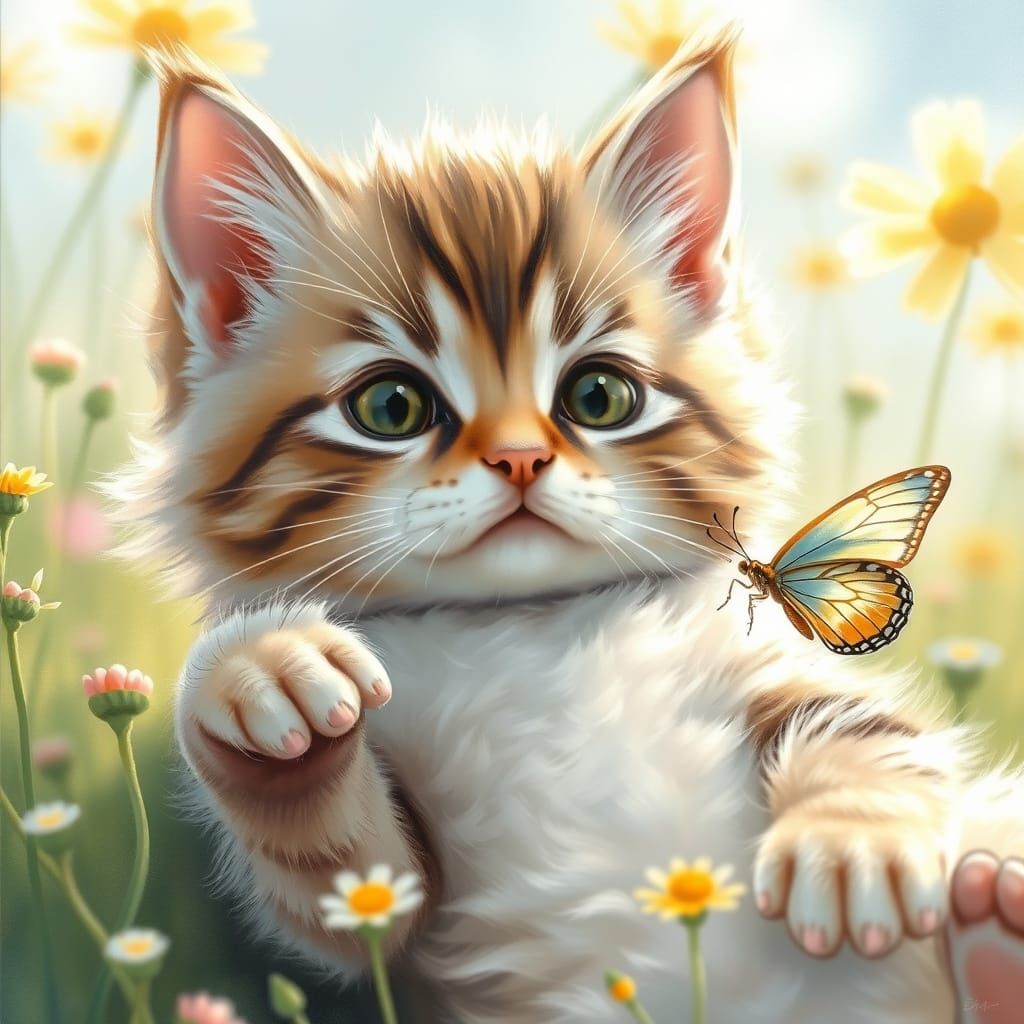 Kitten Surprised by Delicate Butterfly in Sunlit Meadow