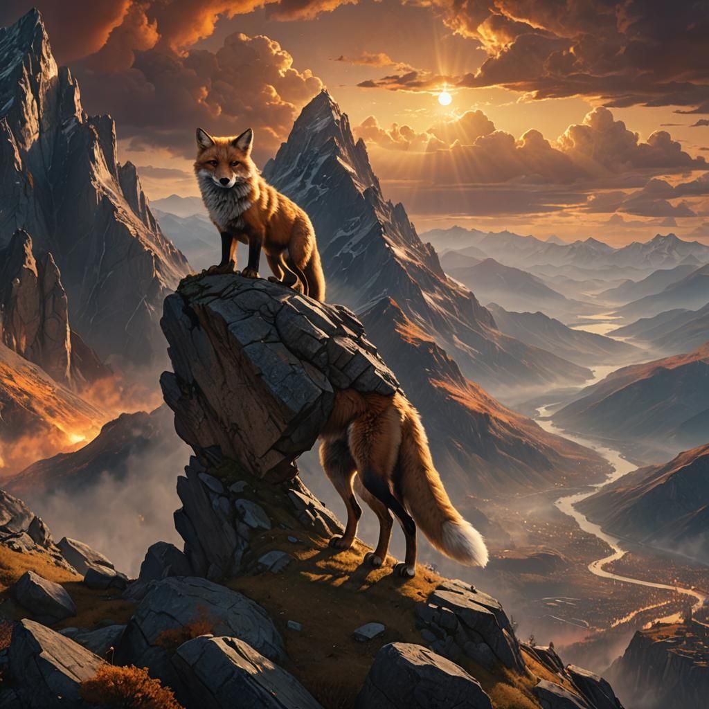 Majestic War Fox Victorious on Mountain Peak