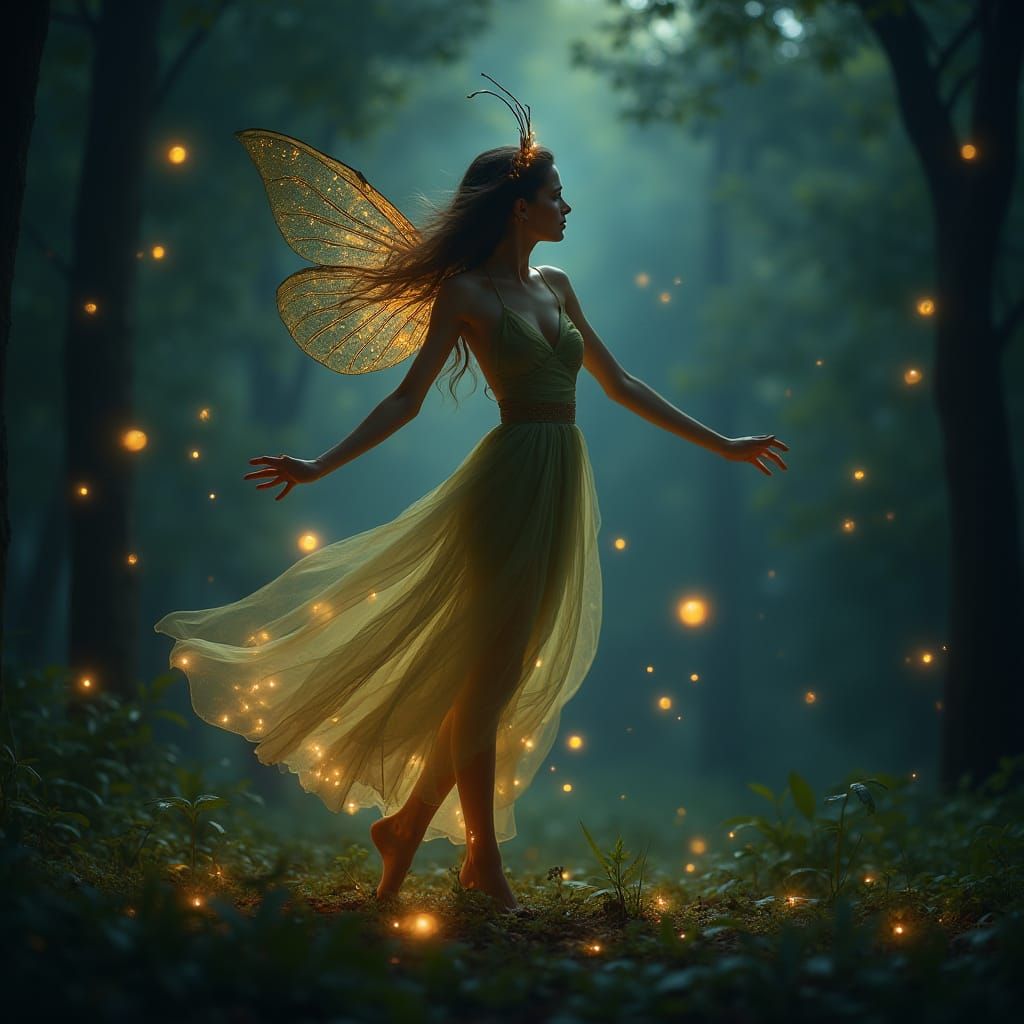 Dancing Forest Sylph at Night with Fireflies