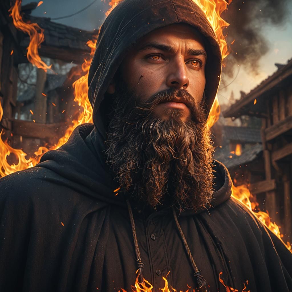 Cloaked Figure with Burning Beard in Fantasy Art