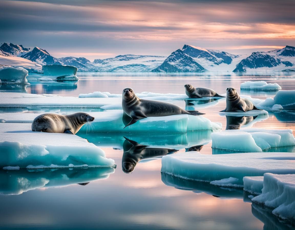 Seals on Greenland Coast with Iridescent Reflections