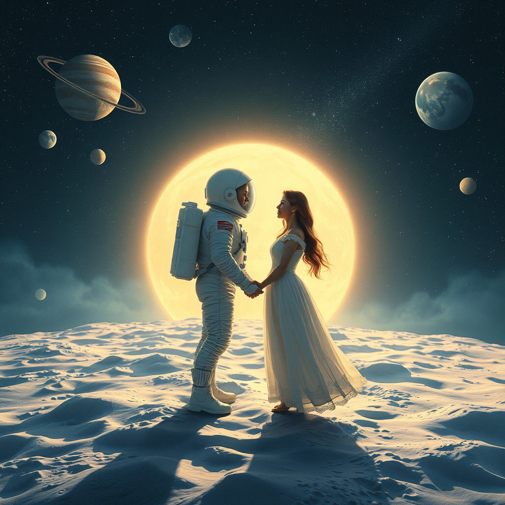 Romantic Astronauts on the Moon in Dreamy Style