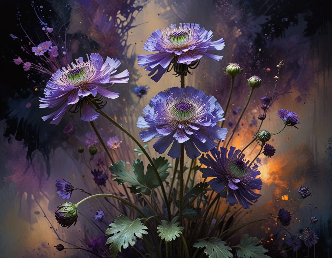 Ethereal Scabiosa Caucasica Bloom in Vibrant, Grunge-Inspire...