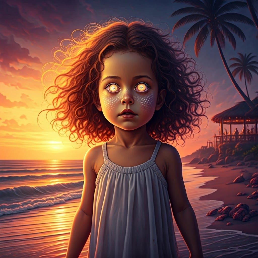 Mesmerized Girl on Tropical Beach at Sunset